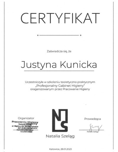 Certyfikat - Justyna Kunicka