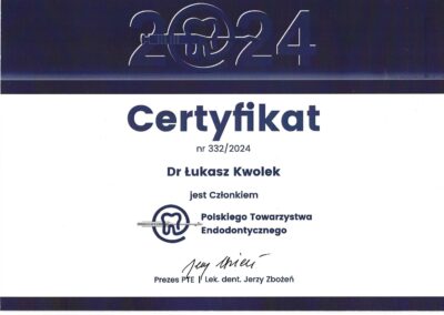 Certyfikat Członkostwa w Polskim Towarzystwie Endodontycznym.
